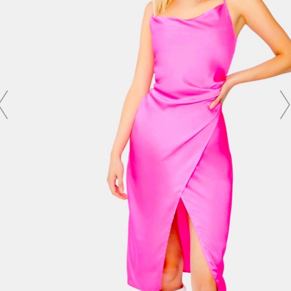 Re:named hot pink satin silk spaghetti strap dress